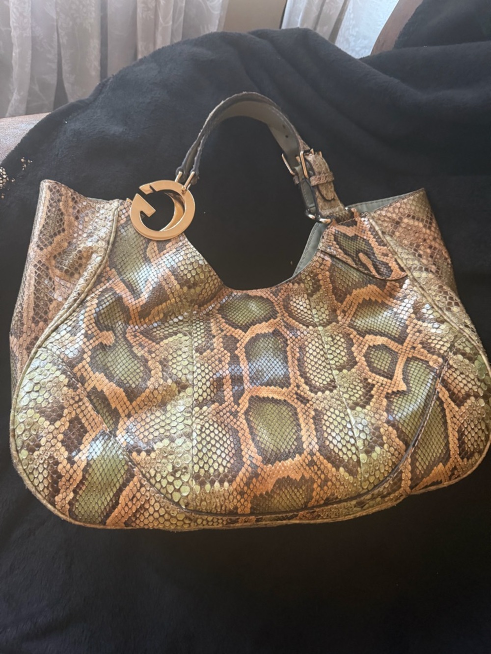 Gucci Green-Brown Python-Print Shoulder Hobo with Gold Charm